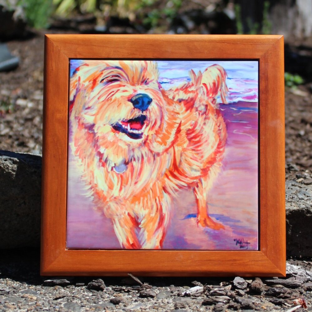 Hand-Painted Terrier Dog Tile – Ceramic Trivet or Wall Art – Wood Frame – 7.5"x7